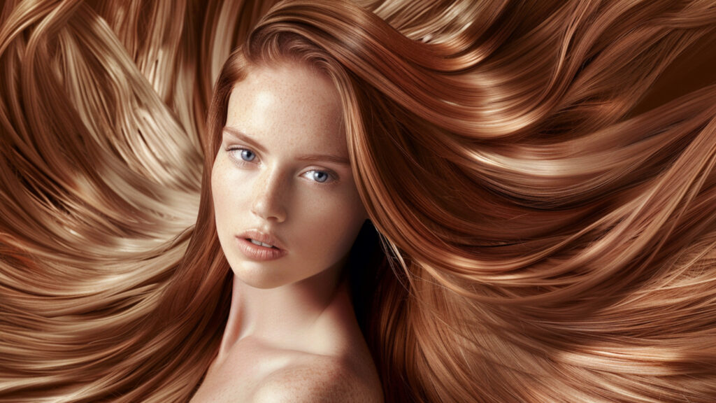 A young woman with beautiful, strong, shiny long hair conditioned by using Marula oil