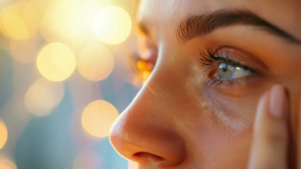 Close up of a woman's face with very fine skin, conditioned by using Marula oil