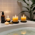 Two CBD Massage Candles by a warm bath.