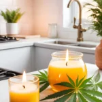 A pair of massage candles in glass containers on a kitchen counter with fresh cannabis leaves beside them.