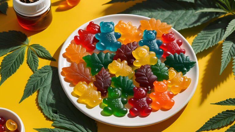 A plate of gummy bears and cannabis leaves.