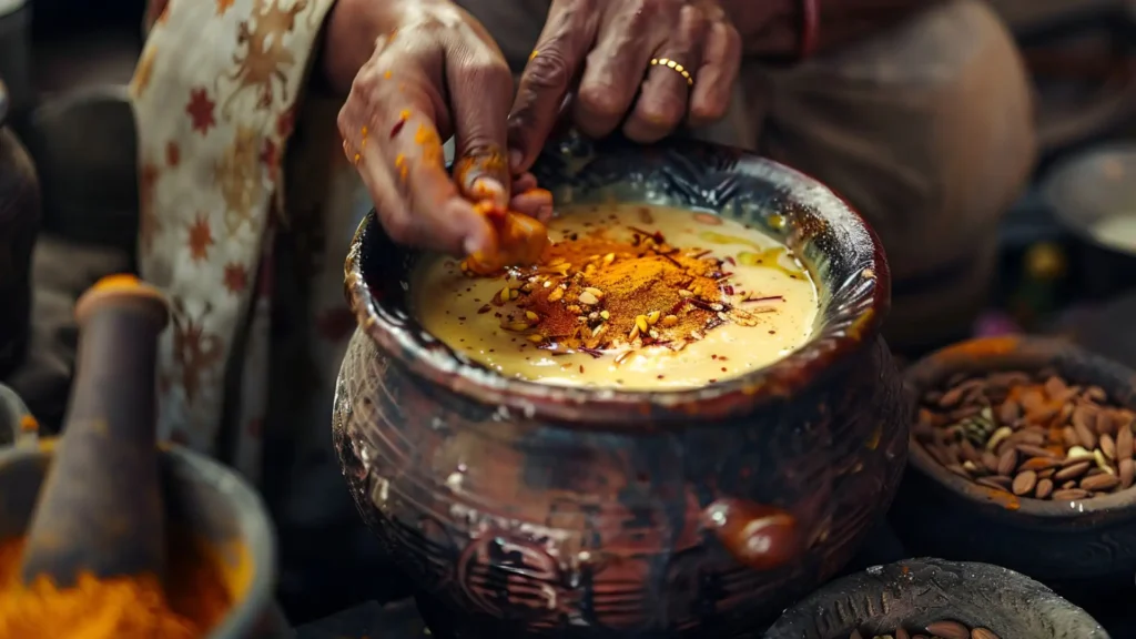 Almonds, saffron threads, and a sprinkle of spices for making Bhang Thandai