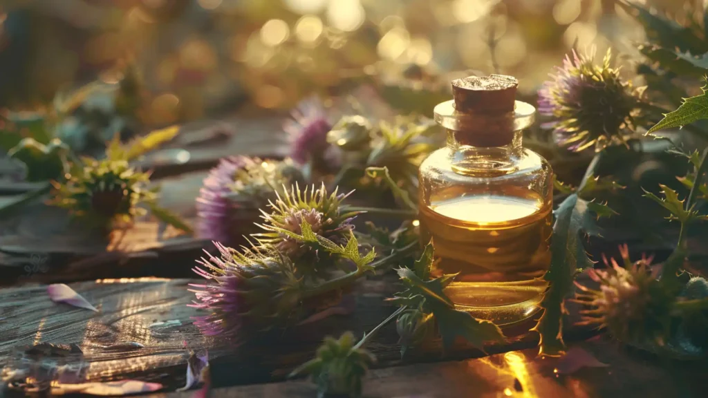 A bottle of golden thistle oil next to fresh thistles.