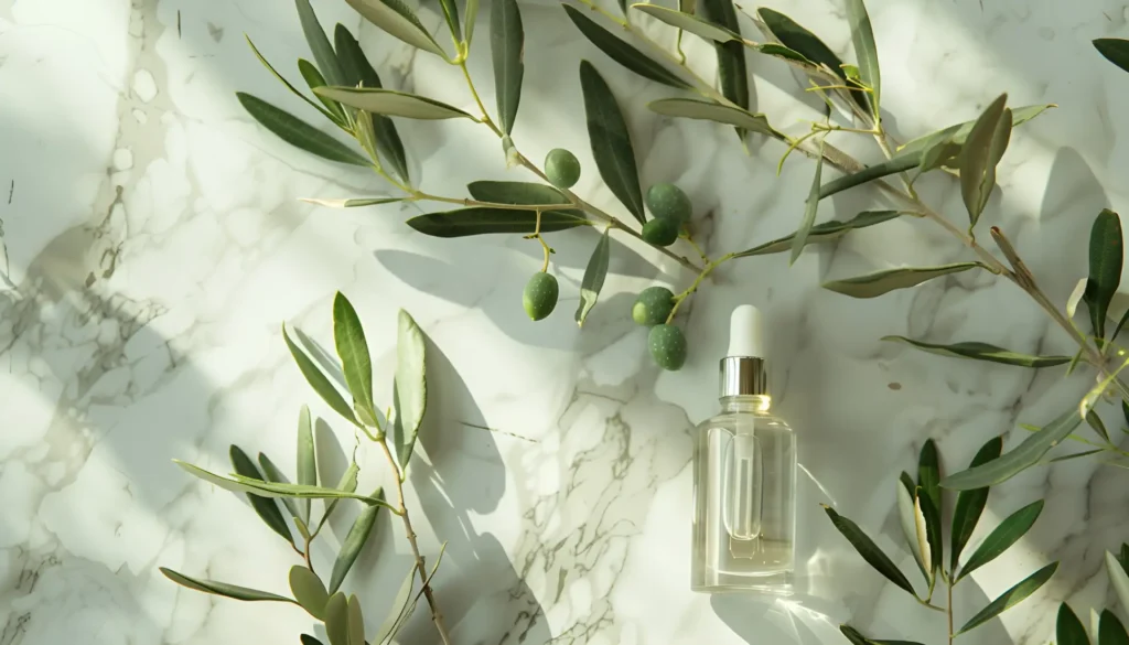 A clear glass bottle of olive-derived squalane surrounded by freshly picked olives and olive leaves