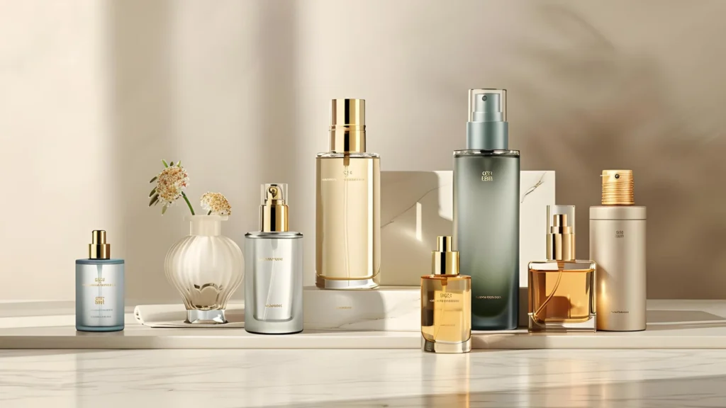 A variety of different perfume bottles.