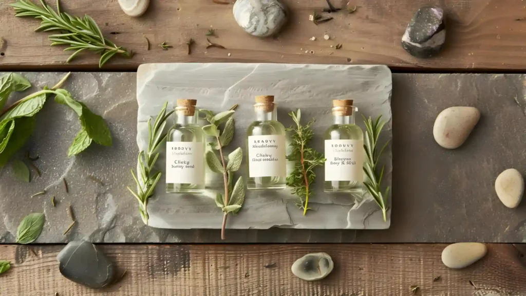 Three bottles of essential oil are placed on a slate and wooden table, surrounded by fresh sprigs of peppermint, clary sage, and rosemary.