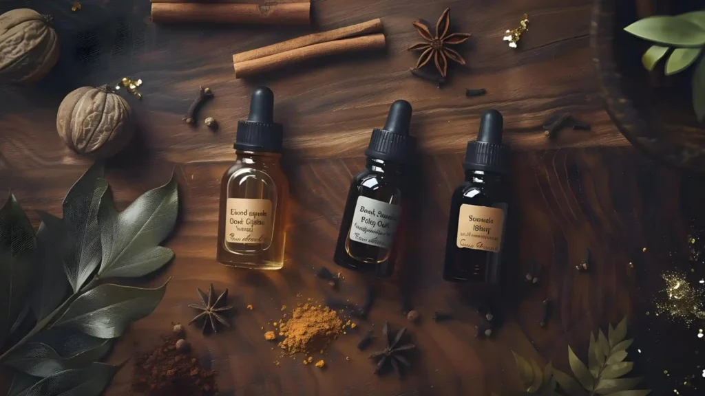 Three bottles of essential oil are placed on a wooden table, surrounded by patchouli leaves, cinnamon sticks, and cloves. DIY colognes for men