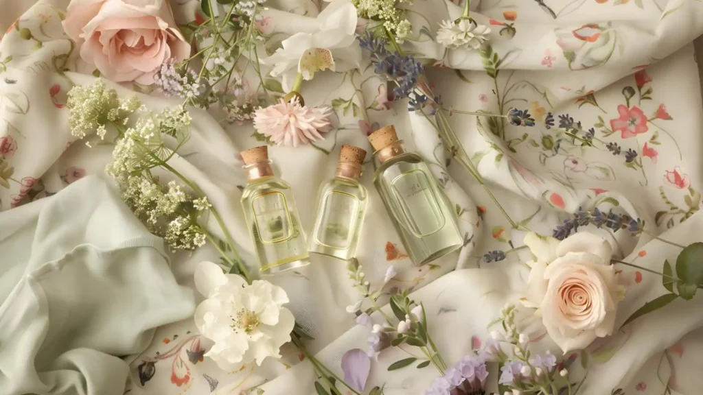 3 bottles of essential oils on a light floral fabric with fresh lavender, roses and jasmine scattered around.