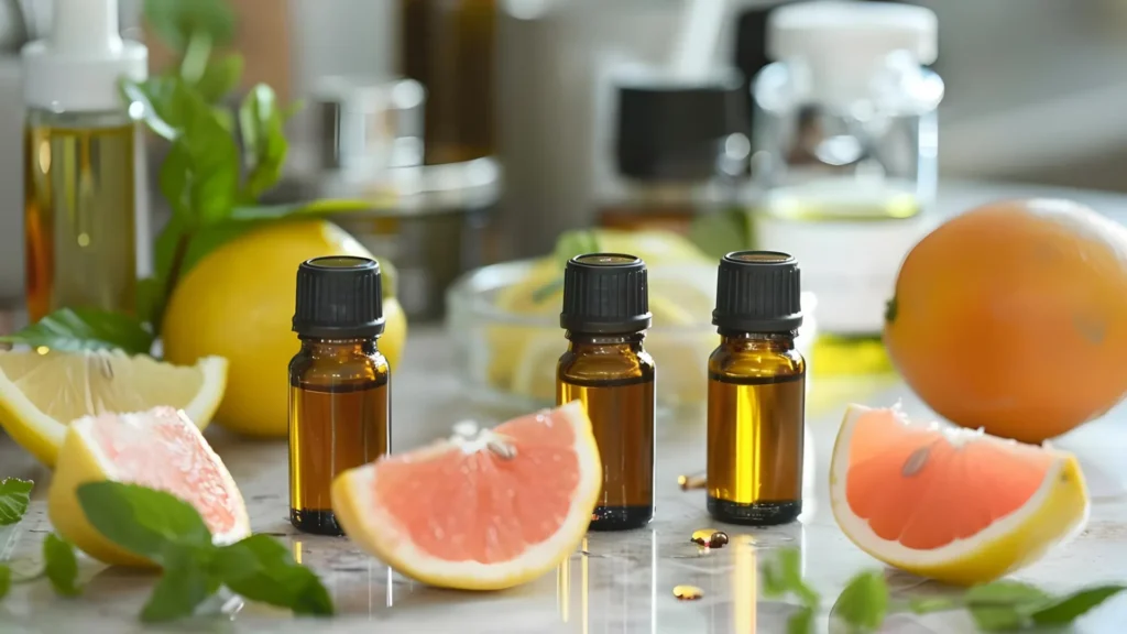 3 bottles of essential oils with fresh cut citrus fruits on a kitchen counter