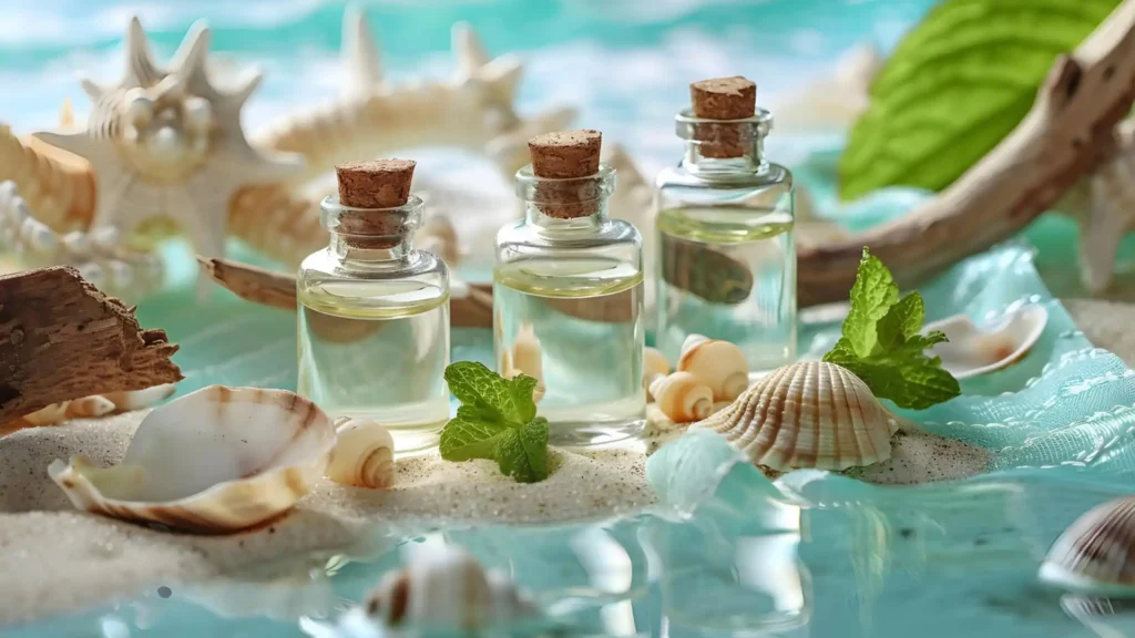 Three bottles of essential oils on a blue fabric background, surrounded by sand, seashells, and fresh spearmint leaves.