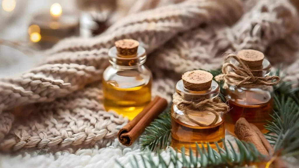 3 corked bottles of essential oils with a cinnamon stick, fir branch and knitted blanket
