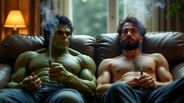 The Hulk and Bruce Banner on a sofa enjoying a spliff - one of the top 10 cannabis strains
