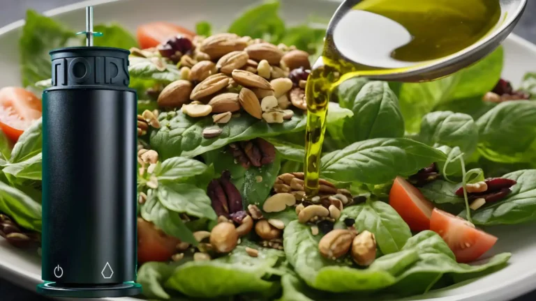A POT by Noids herbal infuser overlaid on a fresh green salad with nuts and a spoon of herb-infused oil being drizzled over it.