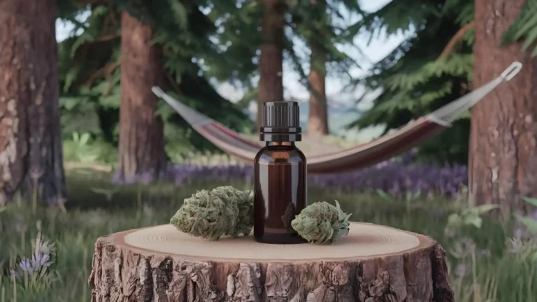 A cedarwood tree stump in a forest with a bottle of essential oil and dried cannabis buds. There is a hammock in the background, suggesting the cedarwood essential oil benefits for stoners.