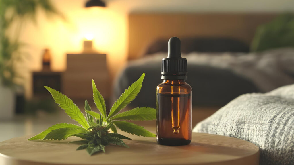 Fresh cannabis leaves and an essential oil bottle on a small table next to a bed