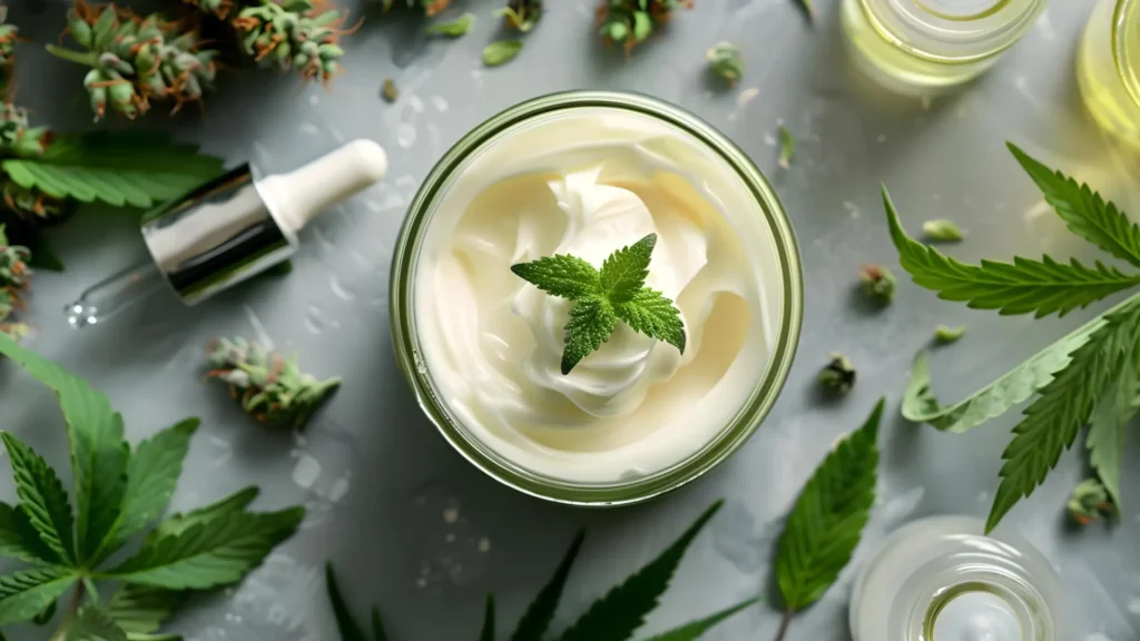 A jar of Oat Oil Cannabis Skincare Lotion with a fresh cannabis leaf placed on top.