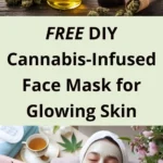 A small jar of oil with cannabis leaves above a photo of a smiling woman lying down with a creamy face mask on.