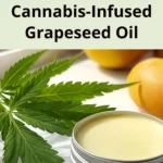 An open tin of solid facial oil with cannabis leaves and mangoes behind.