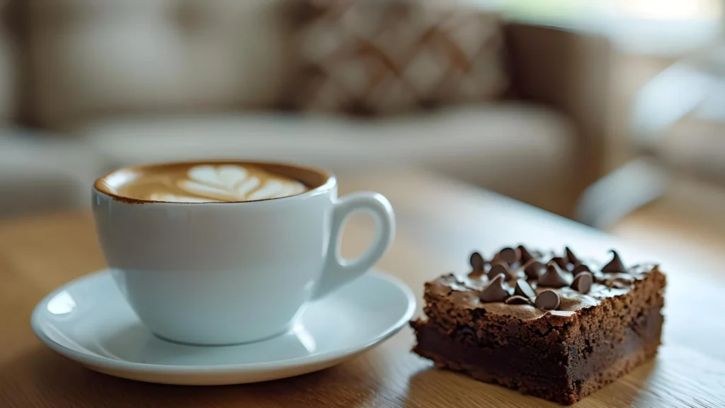 A cup of bulletproof coffee made with herb-infused oil, alongside a square of chocolate brownie.