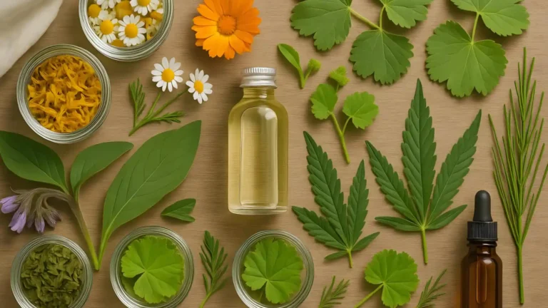 A flat overlay of fresh herbs for treating eczema, including Lady's Mantle, Chamomile, Cannabis, Calendula, and Horsetail.