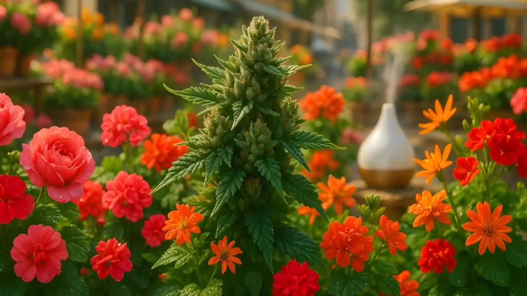 A healthy cannabis plant, heavy with resinous buds surrounded by roses, geranium and palmarosa flowers. An essential oil diffuser is in the background.