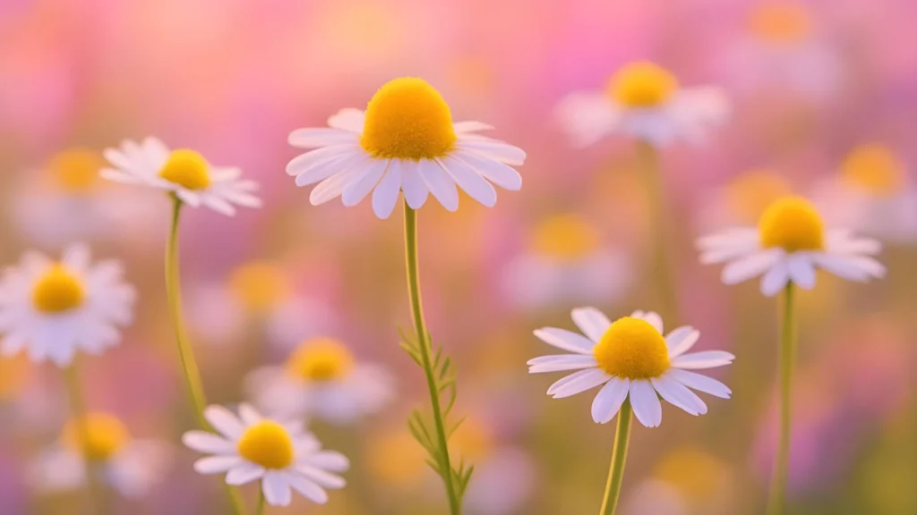 Close up of chamomile flowers growing in a field gives bisabolol, one of the cannabis terpenes.