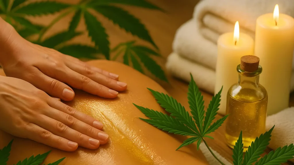 Hands massaging a person's back using cannabis-infused oil, surrounded by cannabis leaves, a bottle of oil, and candles.