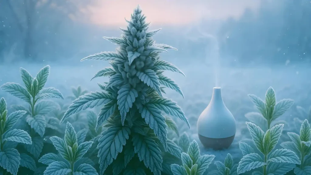 Frosty mint and cannabis plants with a diffuser.