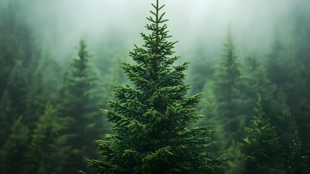A close-up of a pine tree in a pine forest on a frosty morning.