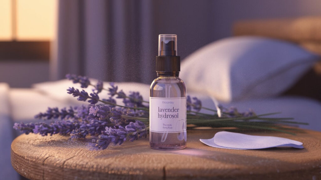 A wooden table with fresh lavender sprigs and a bottle of lavender hydrosol, with a cosy bed in the background.