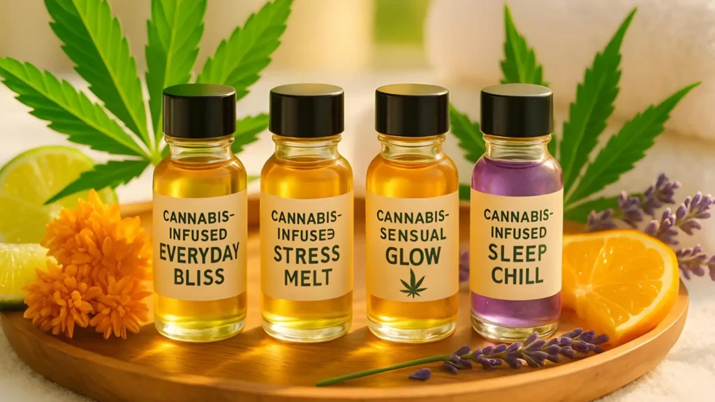 4 bottles of different cannabis-infused massage oils on a wooden tray with fresh plants and citrus slices.