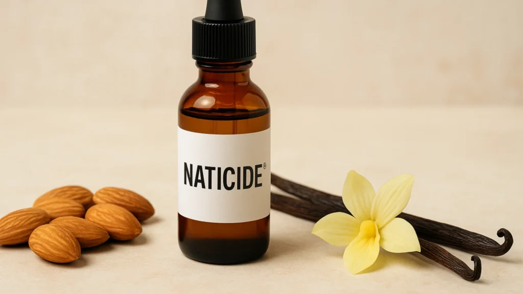 A bottle of Naticide (a natural preservative in cosmetics) alongside some almonds and vanilla pods.
