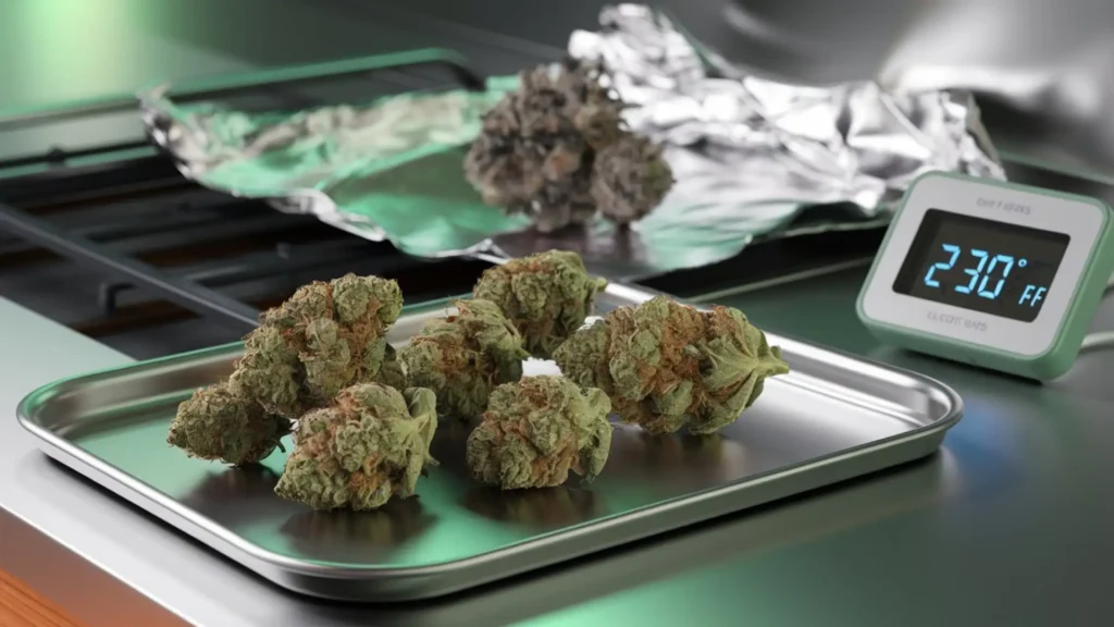 A baking sheet with perfectly decarbed cannabis buds next to a thermometer showing 230°C. Behind are some burned buds on a piece of foil.