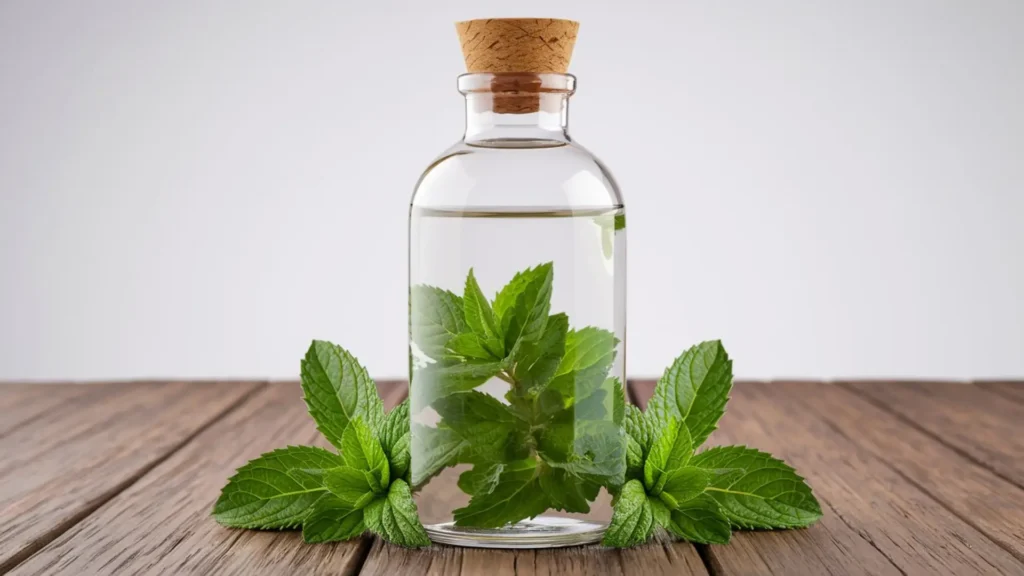 A corked, clear glass bottle containing clear peppermint hydrosol with fresh peppermint leaves around the bottle.