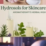 3 sections of a Pinterest post showing a variety of different hydrosols with their fresh plant sources alongside them.