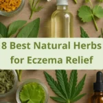 A flat overlay of fresh herbs for eczema relief, including Calendula, Cannabis, Chamomile, Lady's Mantle, and Horsetail.