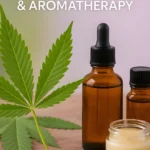 A fresh cannabis leaf, bottle of essential oil and a small jar of balm.
