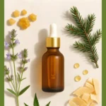 A bottle of essential oil surrounded by clary sage, elemi drops, myrrh resin, black spruce twigs and cannabis.