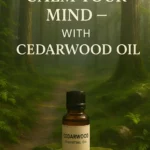 A bottle of cedarwood essential oil in a forest.
