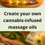 4 small bottles of cannabis-infused massage oils on a wooden tray surrounded by fresh cannabis leaves and flowers. Underneath is a person receiving a back massage. The text overlay says "Create your own cannabis-infused massage oils".