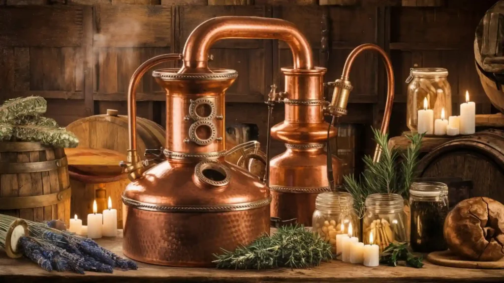 An AI-generated image of an old copper distillation still surrounded by fresh herbs.