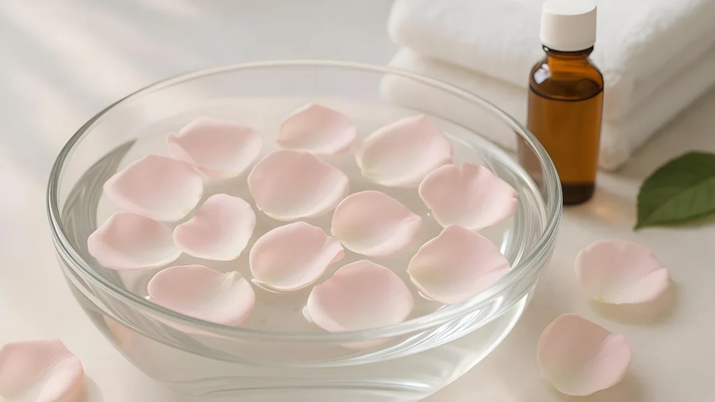 A large glass bowl filled with rose hydrosol with fresh pink rose petals floating on the surface. A towel and a small bottle of essential oil are next to it.