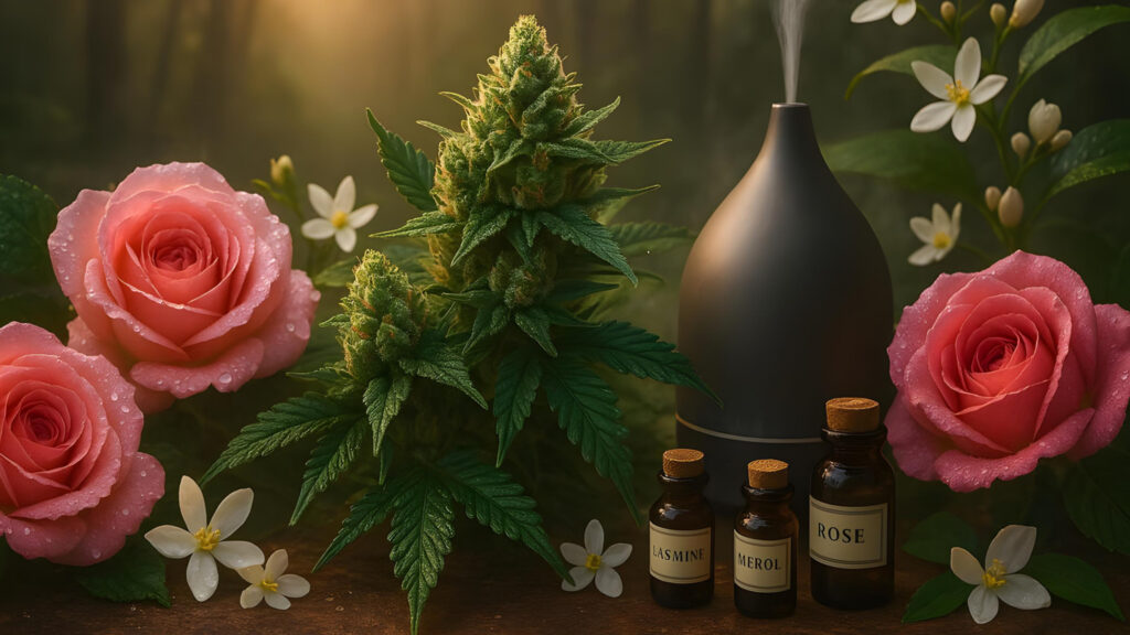 A cannabis plant surrounded by fresh jasmine, orange blossom and roses with an essential oil diffuser.