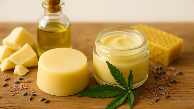 A pot of balm and a balm bar with cocoa butter, cannabis leaves, beeswax, and olive oil.
