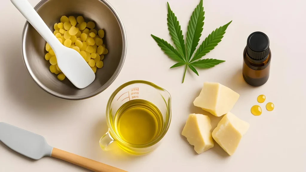 Beeswax, olive oil, essential oils, cocoa butter, and a cannabis leaf being the ingredients for a cannabis lotion balm recipe.