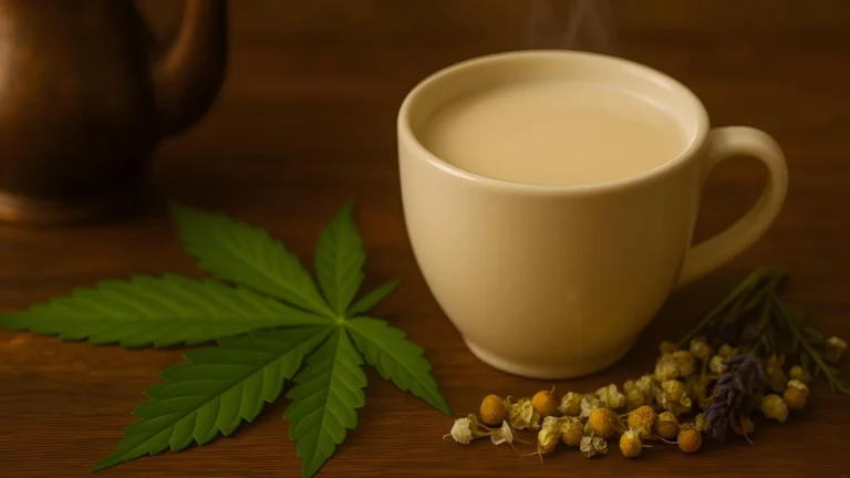 A cup of cannabis tea with chamomile flowers and a cannabis leaf alongside.