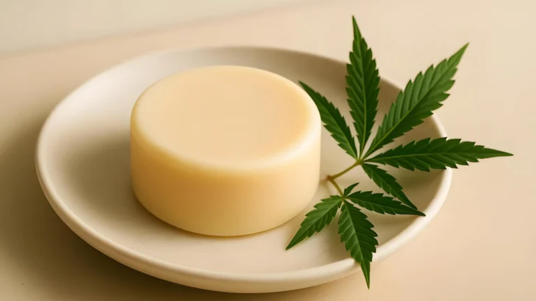 A conditioning lotion bar with cannabis leaves on a saucer., cannabis oil
