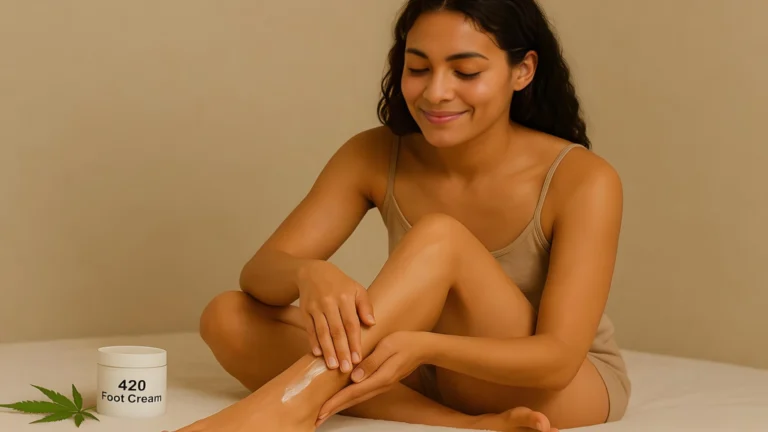 A woman sitting on a bed applying cannabis foot cream.