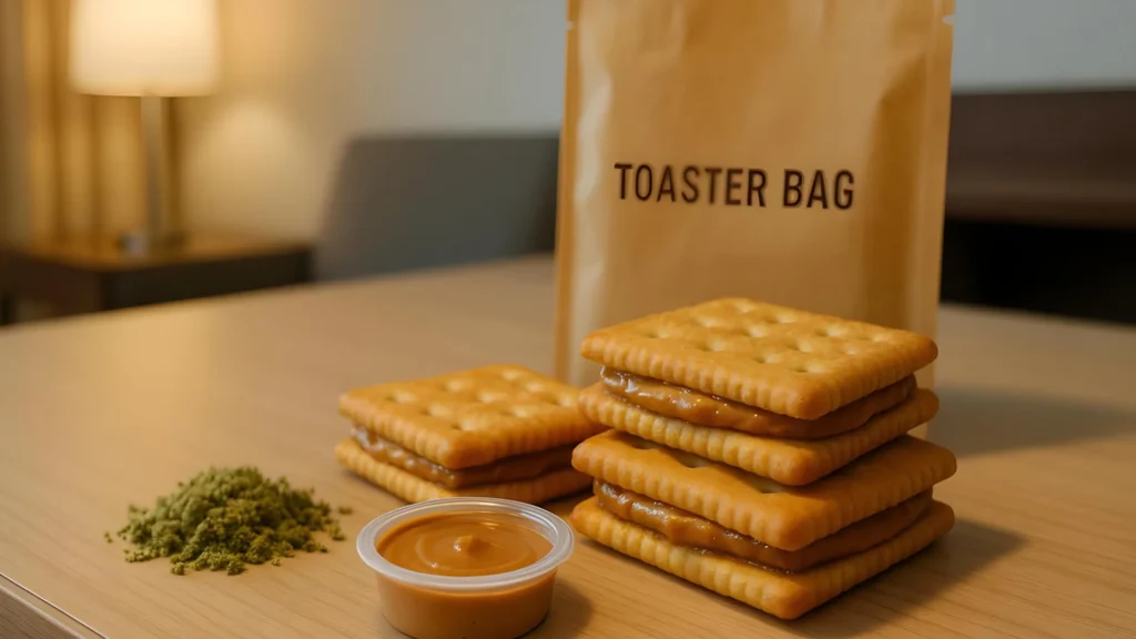 A stack of crackers with peanut butter and a cup of peanut butter.