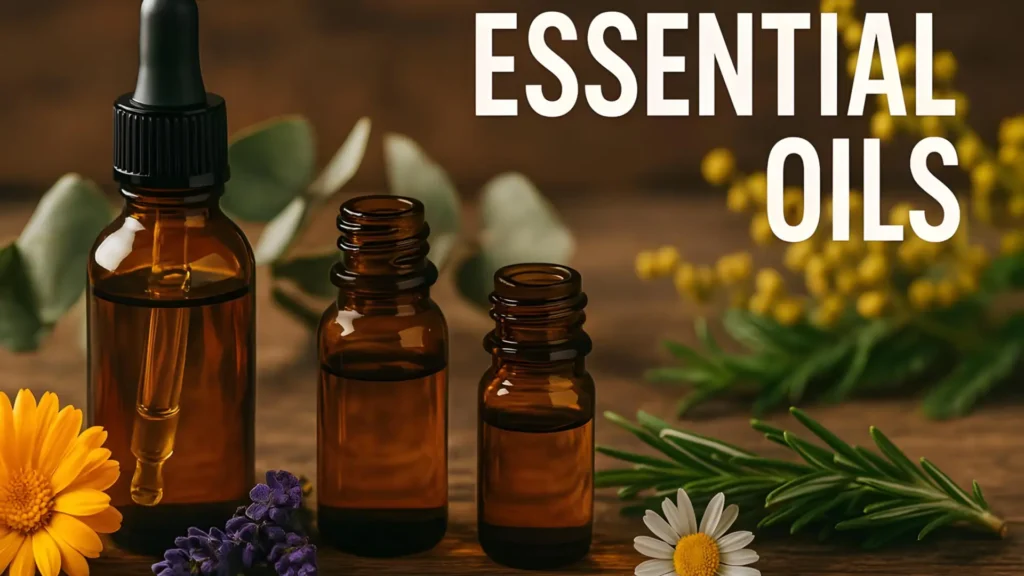 Essential oil bottles with alongside fresh marigold, rosemary, daisy and eucalyptus - all part of holistic aromatherapy.